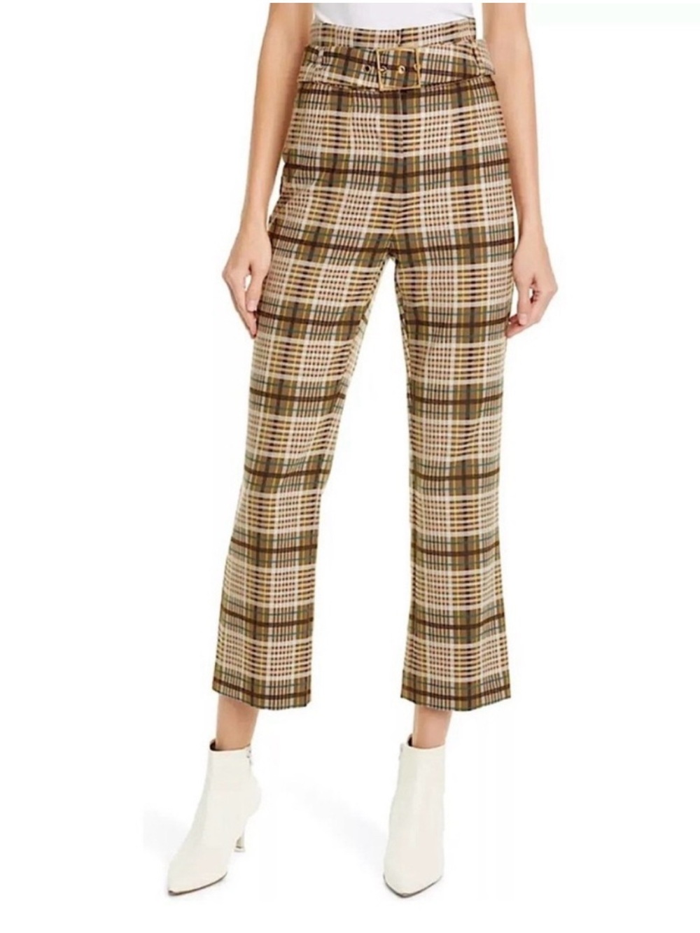 Jonathan Simkhai Pants Brown Plaid Belted High Rise Cropped Trousers Wool Blend